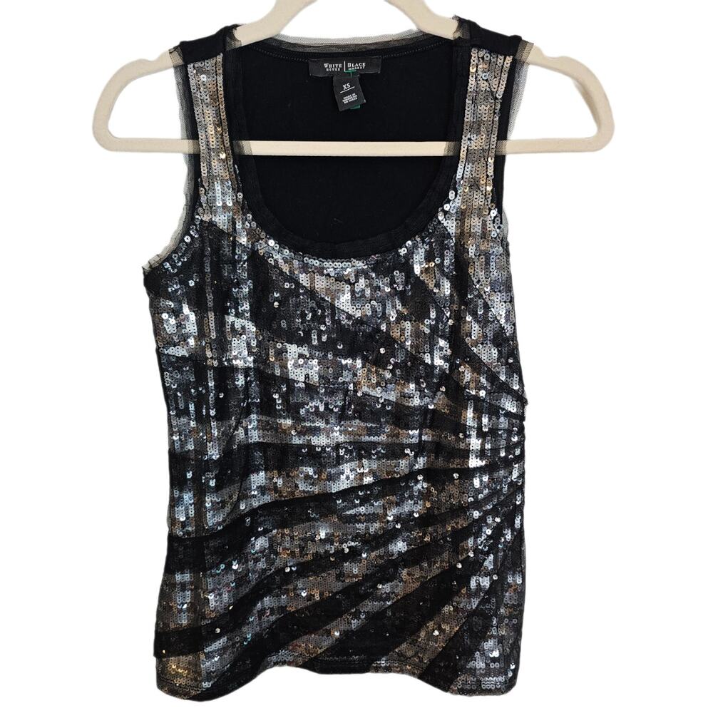 White House Black Market Top Sequin Top Women XS Black Silver Scoop Neck Tank